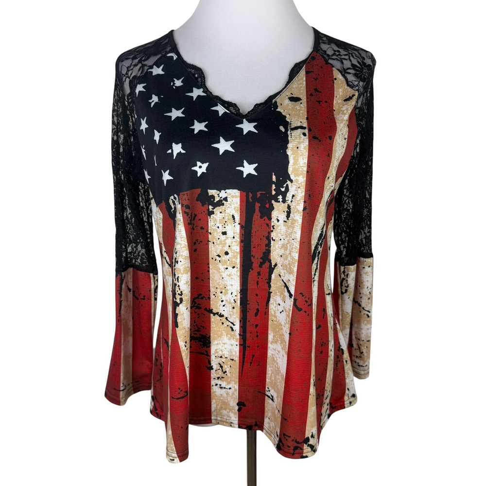 American Flag Women's Large Lace Sleeve Top Distressed Patriotic V-Neck Shirt